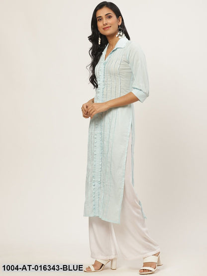 Blue Three-Quarter Sleeves Straight Solid Solid Cotton Kurta