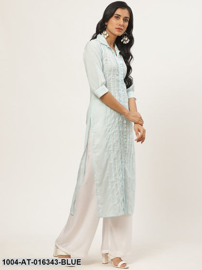 Blue Three-Quarter Sleeves Straight Solid Solid Cotton Kurta