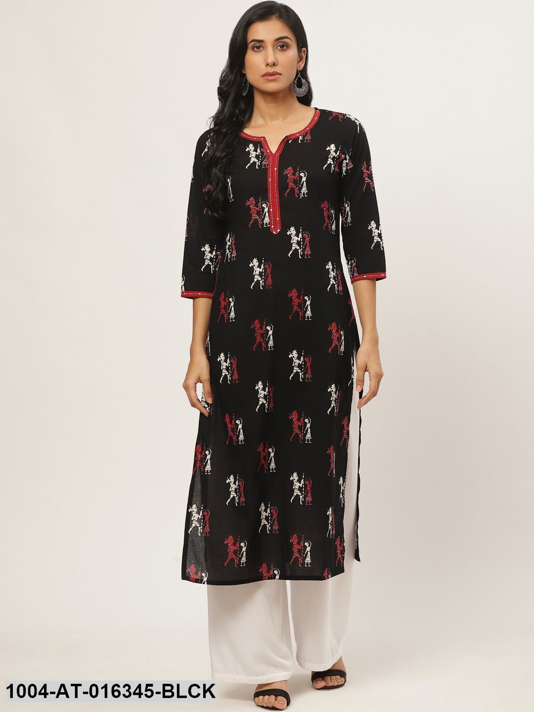 Black Three-Quarter Sleeves Straight Quirky Printed Cotton Kurta