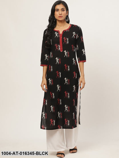 Black Three-Quarter Sleeves Straight Quirky Printed Cotton Kurta