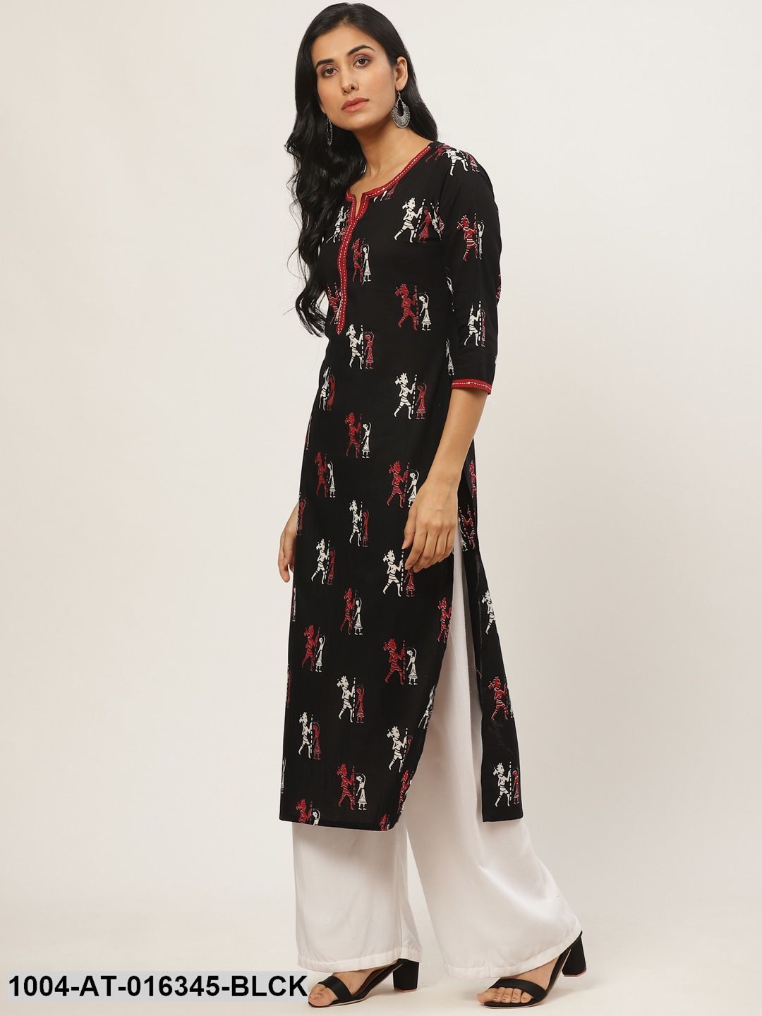Black Three-Quarter Sleeves Straight Quirky Printed Cotton Kurta