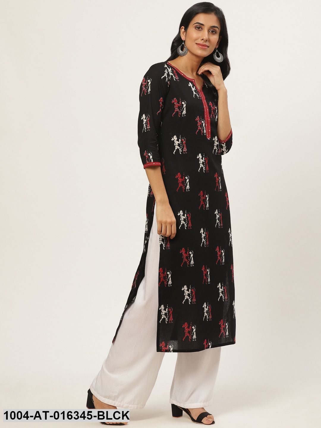 Black Three-Quarter Sleeves Straight Quirky Printed Cotton Kurta
