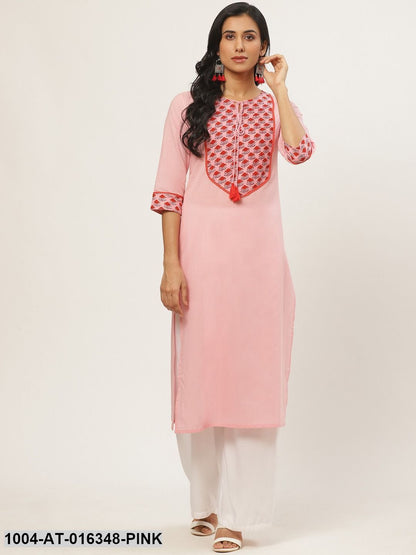 Pink Three-Quarter Sleeves Straight Solid Yoke Design Cotton Kurta