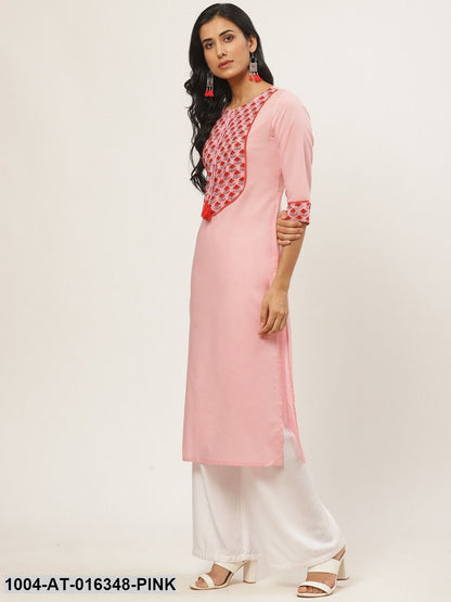 Pink Three-Quarter Sleeves Straight Solid Yoke Design Cotton Kurta