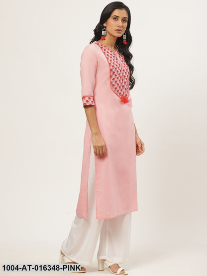 Pink Three-Quarter Sleeves Straight Solid Yoke Design Cotton Kurta