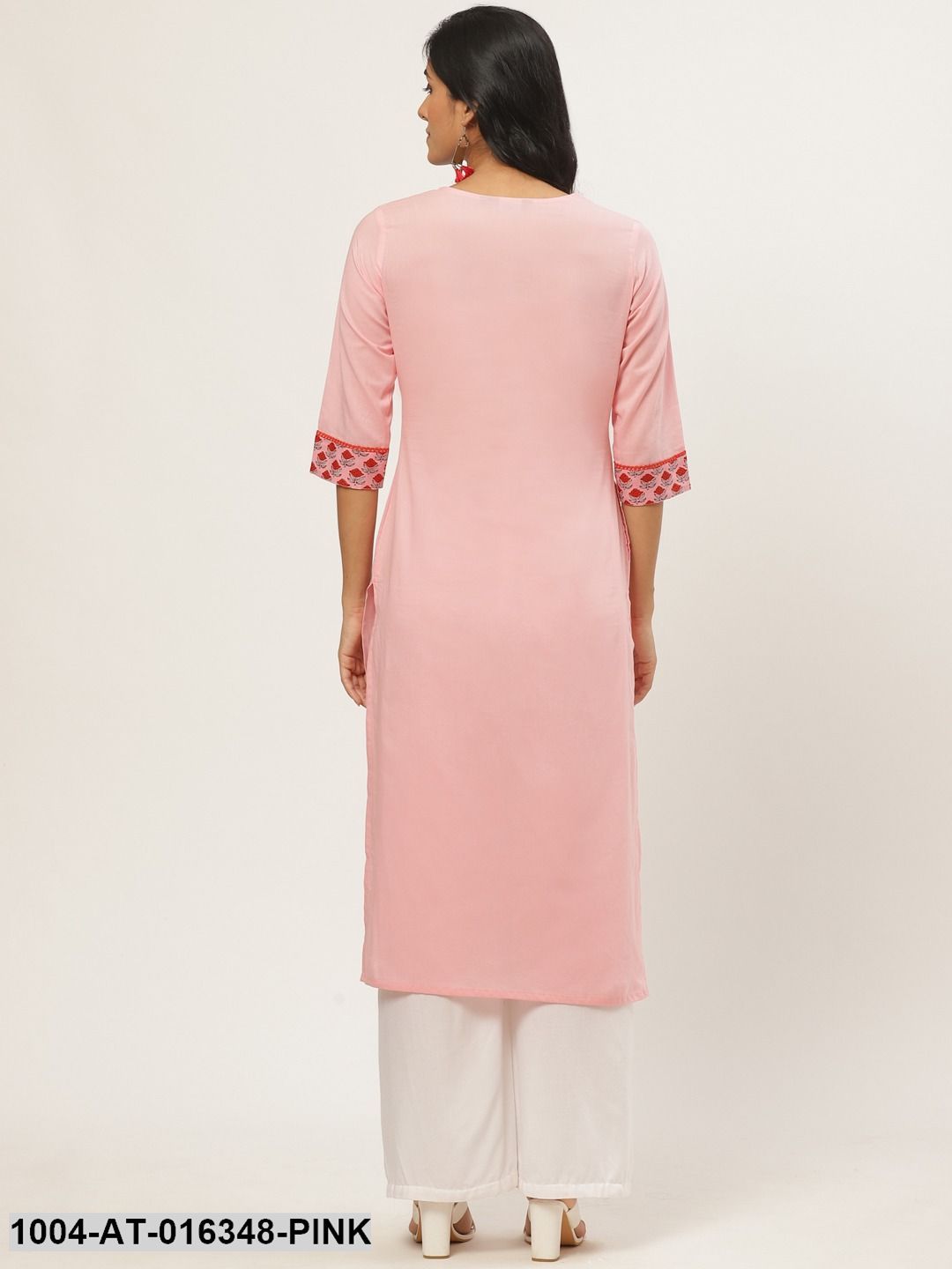 Pink Three-Quarter Sleeves Straight Solid Yoke Design Cotton Kurta