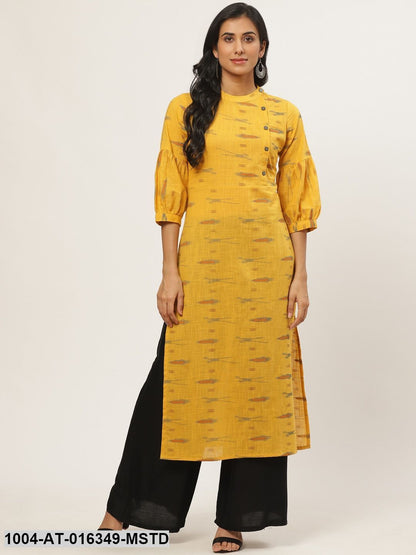 Mustard Three-Quarter Sleeves Straight Abstract Yoke Design Cotton Kurta