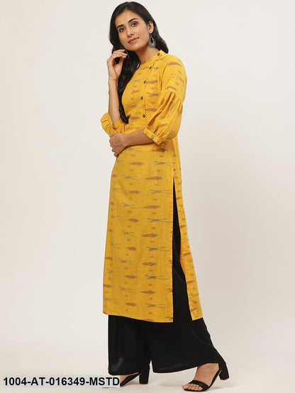 Mustard Three-Quarter Sleeves Straight Abstract Yoke Design Cotton Kurta