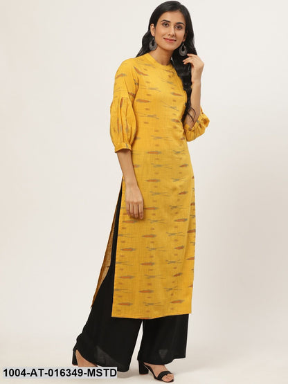 Mustard Three-Quarter Sleeves Straight Abstract Yoke Design Cotton Kurta