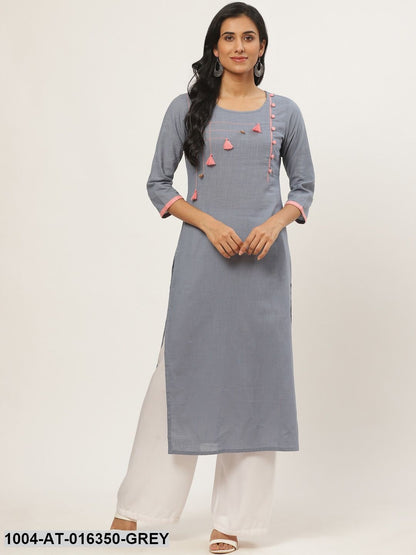 Grey Three-Quarter Sleeves Straight Solid Yoke Design Cotton Kurta
