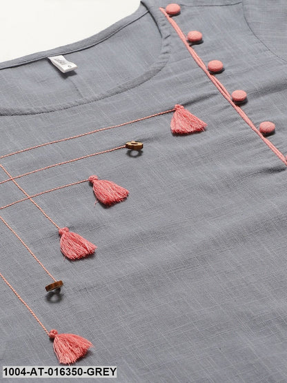 Grey Three-Quarter Sleeves Straight Solid Yoke Design Cotton Kurta