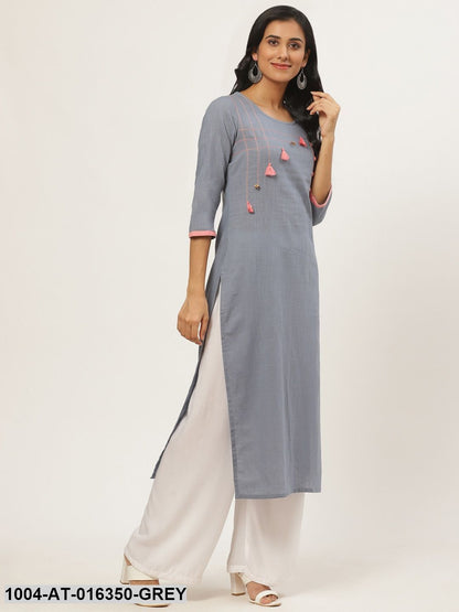 Grey Three-Quarter Sleeves Straight Solid Yoke Design Cotton Kurta