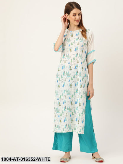 White Three-Quarter Sleeves Straight Quirky Printed Cotton Kurta