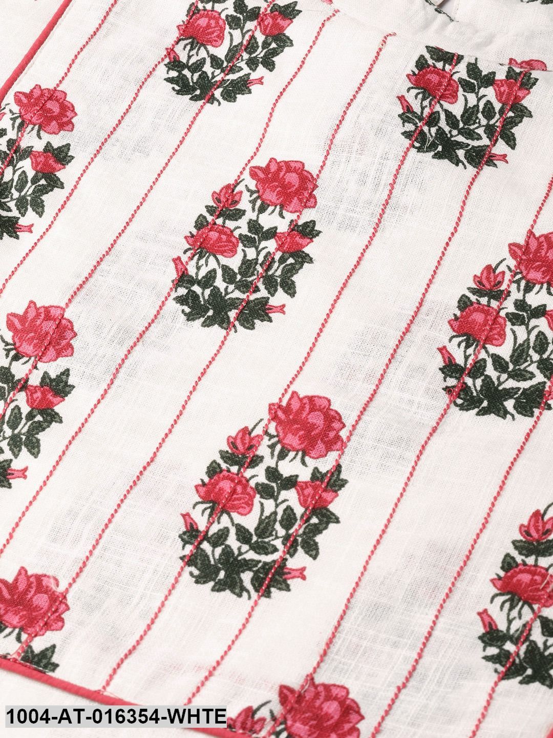 White Three-Quarter Sleeves Straight Floral Printed Cotton Kurta