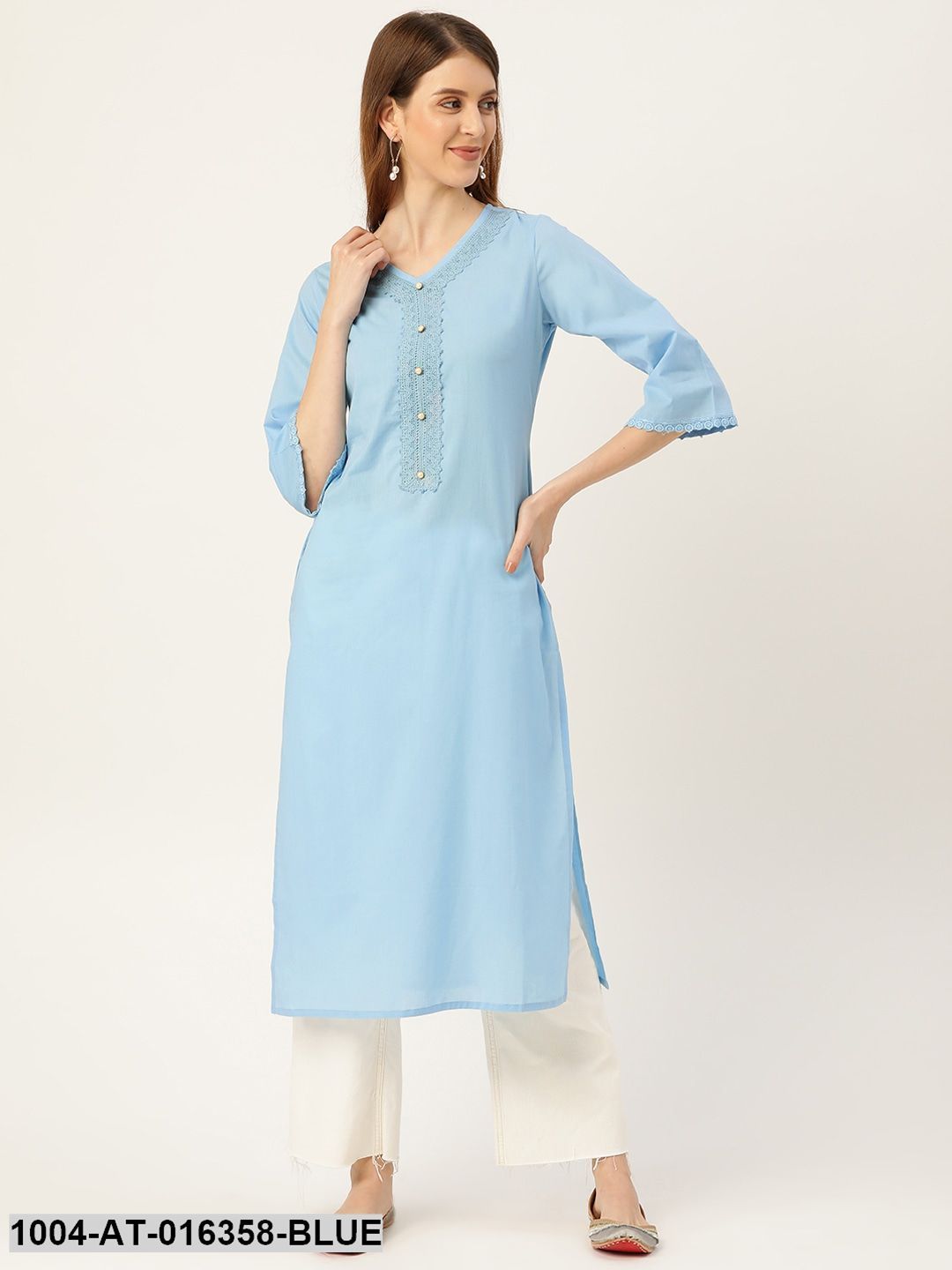 Blue Three-Quarter Sleeves Straight Solid Solid Cotton Kurta
