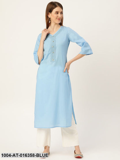 Blue Three-Quarter Sleeves Straight Solid Solid Cotton Kurta