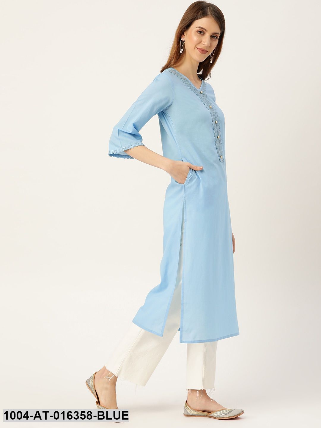 Blue Three-Quarter Sleeves Straight Solid Solid Cotton Kurta