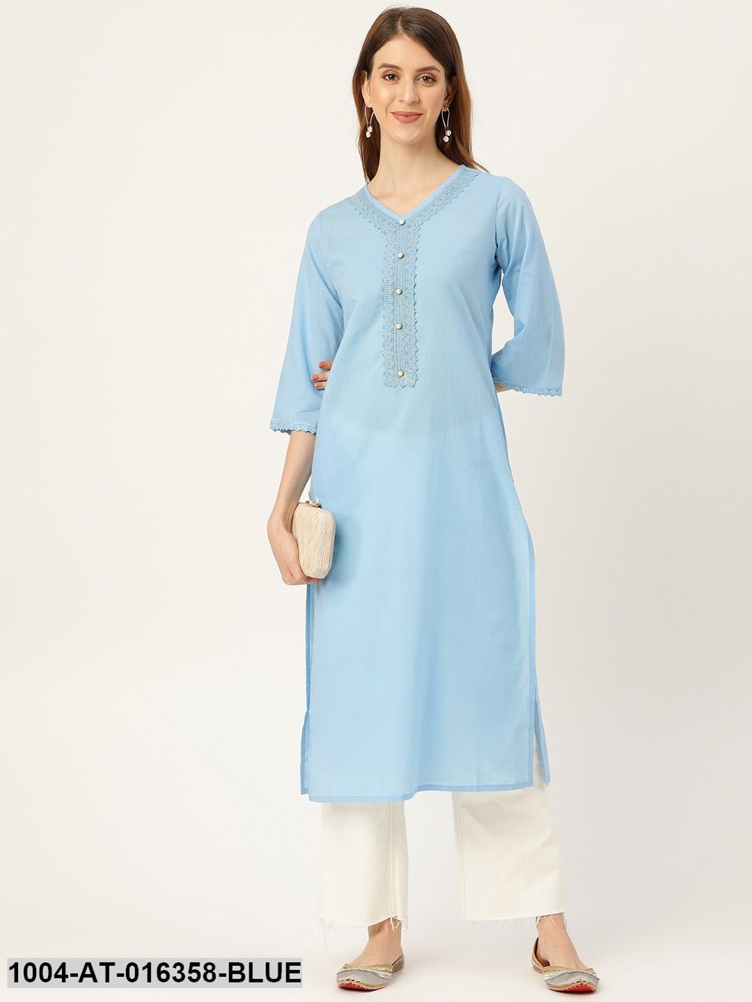 Blue Three-Quarter Sleeves Straight Solid Solid Cotton Kurta