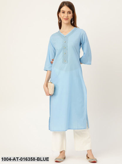 Blue Three-Quarter Sleeves Straight Solid Solid Cotton Kurta