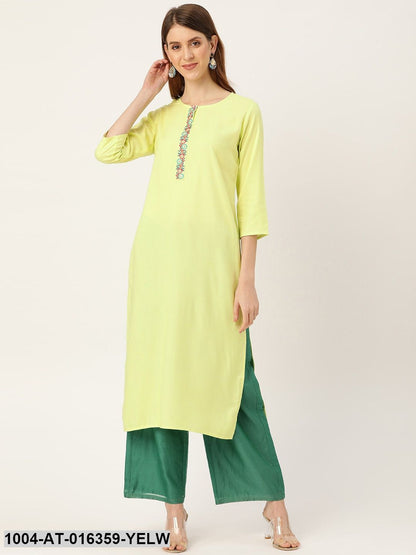 Limeyellow Three-Quarter Sleeves Straight Solid Yoke Design Viscose Rayon Kurta