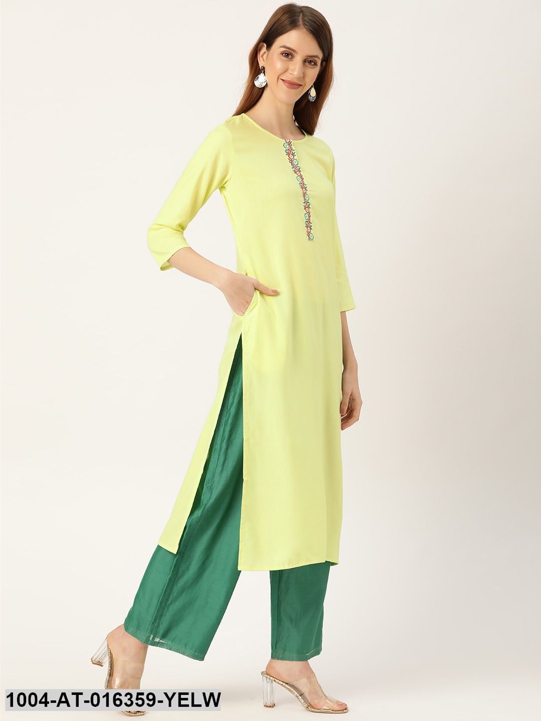 Limeyellow Three-Quarter Sleeves Straight Solid Yoke Design Viscose Rayon Kurta