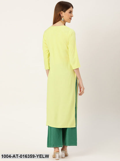 Limeyellow Three-Quarter Sleeves Straight Solid Yoke Design Viscose Rayon Kurta