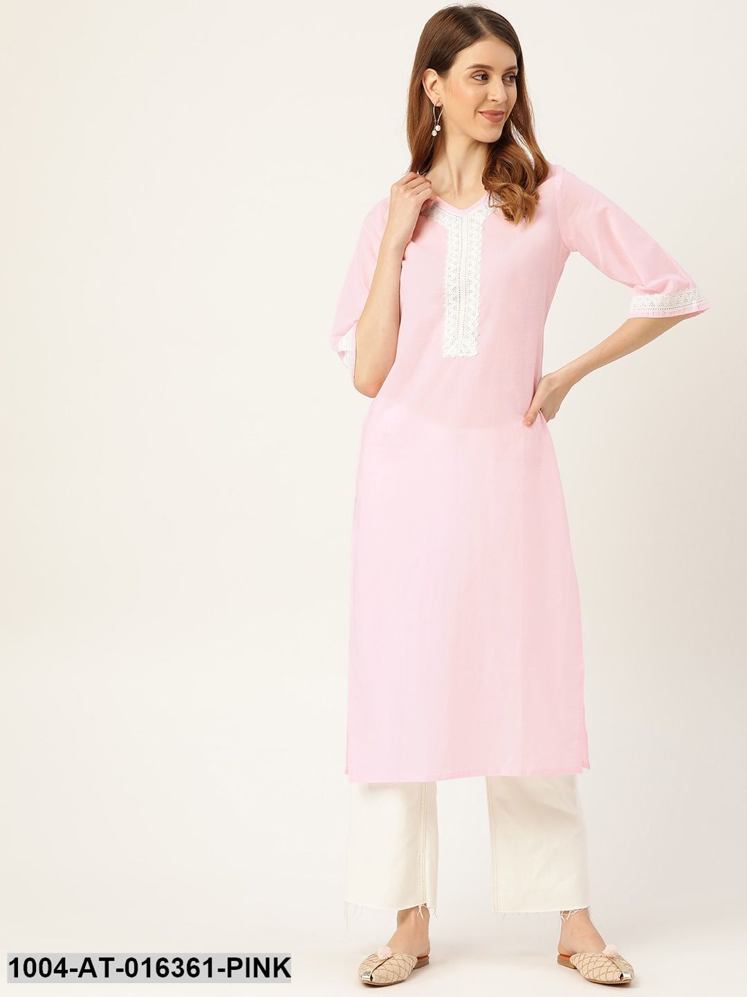 Pink Three-Quarter Sleeves Straight Solid Solid Cotton Kurta