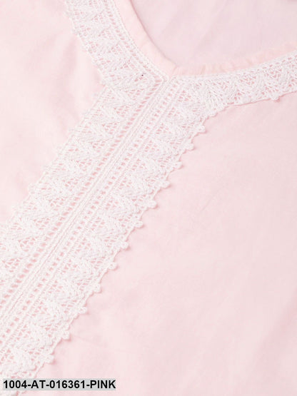 Pink Three-Quarter Sleeves Straight Solid Solid Cotton Kurta