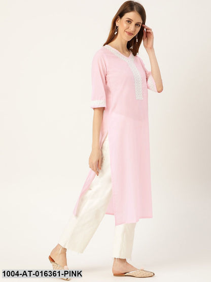 Pink Three-Quarter Sleeves Straight Solid Solid Cotton Kurta
