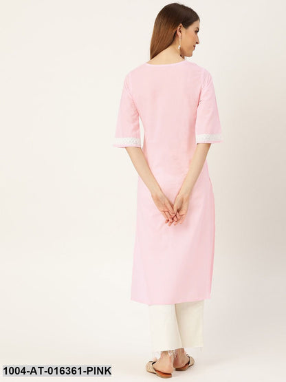 Pink Three-Quarter Sleeves Straight Solid Solid Cotton Kurta