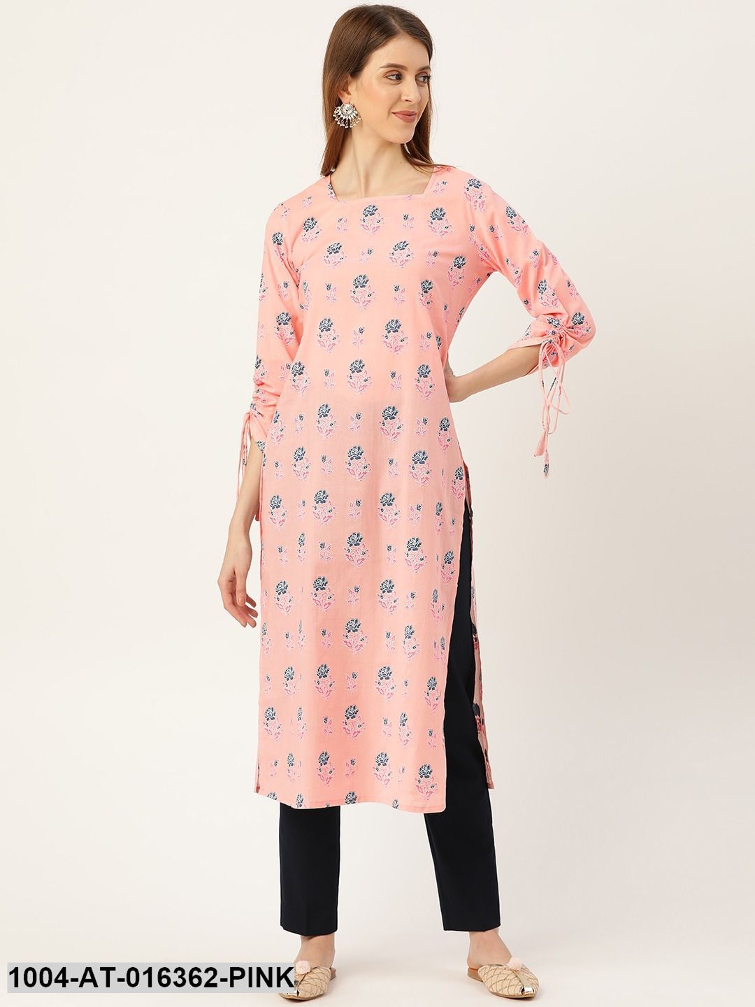 Pink Long Sleeves Straight Floral Printed Cotton Kurta