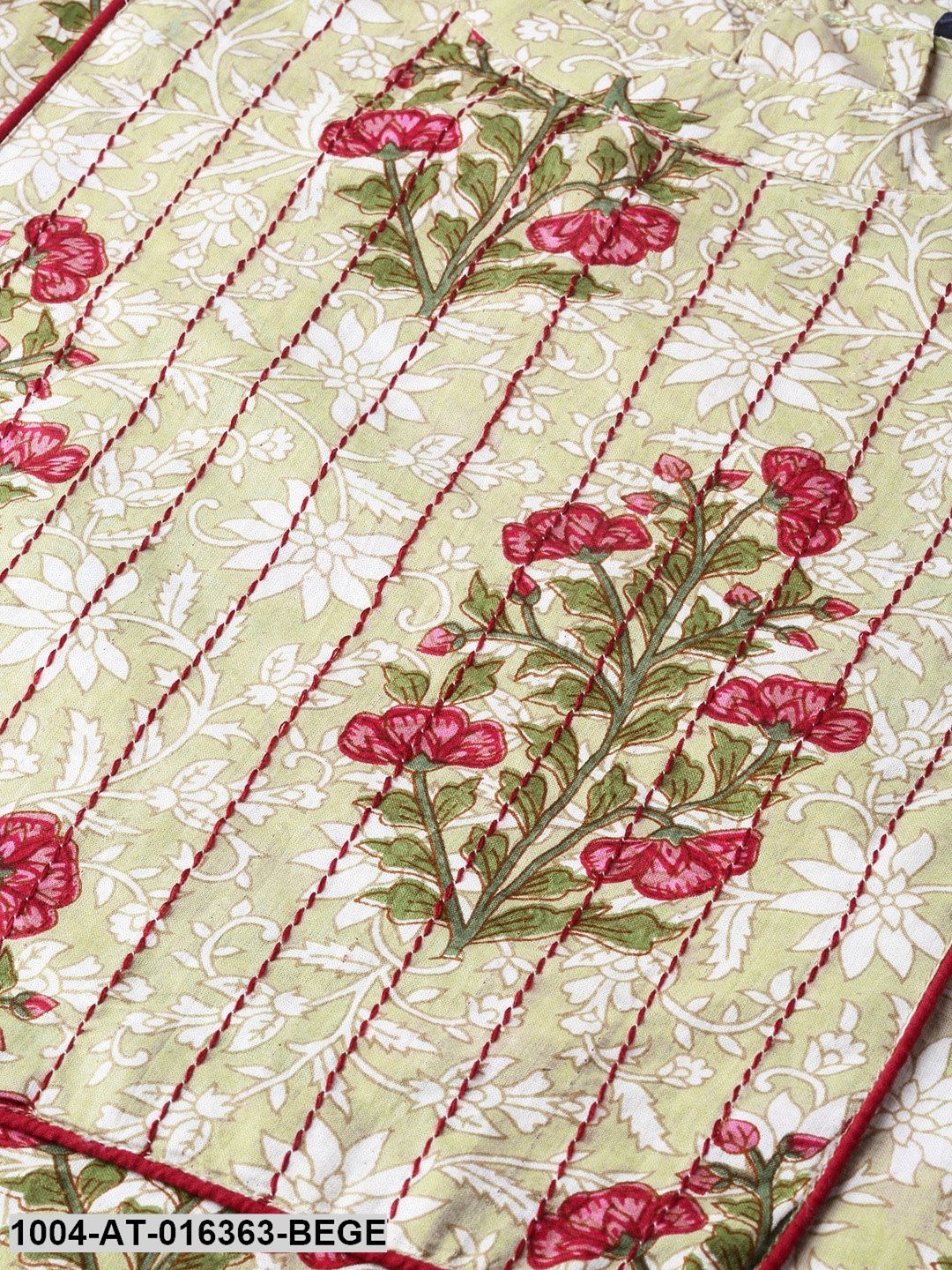 Beige Three-Quarter Sleeves A-Line Floral Yoke Design Cotton Kurta
