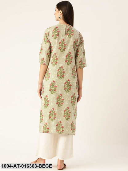 Beige Three-Quarter Sleeves A-Line Floral Yoke Design Cotton Kurta