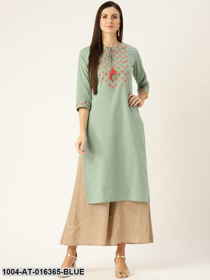 Blue Three-Quarter Sleeves A-Line Solid Yoke Design Cotton Kurta