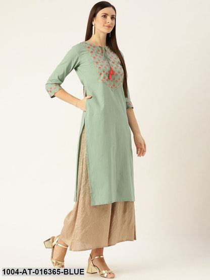Blue Three-Quarter Sleeves A-Line Solid Yoke Design Cotton Kurta
