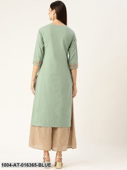 Blue Three-Quarter Sleeves A-Line Solid Yoke Design Cotton Kurta