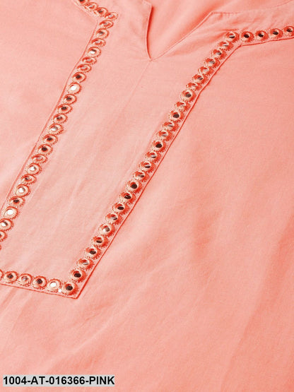 Pink Three-Quarter Sleeves Straight Solid Yoke Design Cotton Kurta