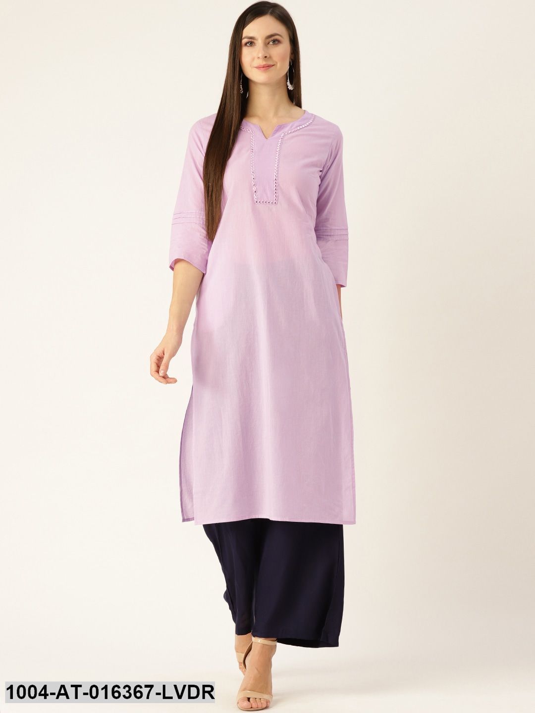 Lavender Three-Quarter Sleeves Straight Solid Yoke Design Cotton Kurta