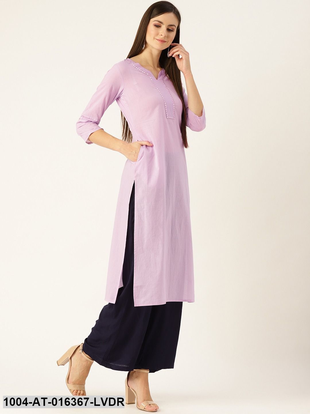 Lavender Three-Quarter Sleeves Straight Solid Yoke Design Cotton Kurta