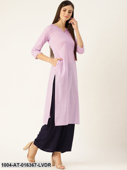 Lavender Three-Quarter Sleeves Straight Solid Yoke Design Cotton Kurta