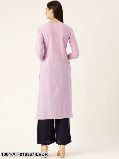 Lavender Three-Quarter Sleeves Straight Solid Yoke Design Cotton Kurta