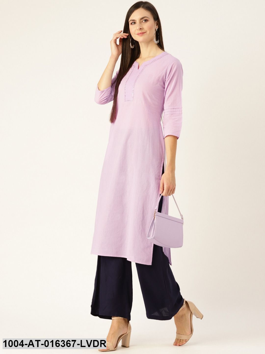 Lavender Three-Quarter Sleeves Straight Solid Yoke Design Cotton Kurta