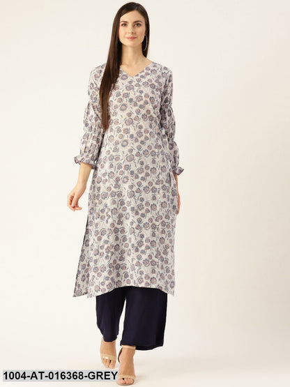 Grey Three-Quarter Sleeves A-Line Floral Printed Cotton Kurta