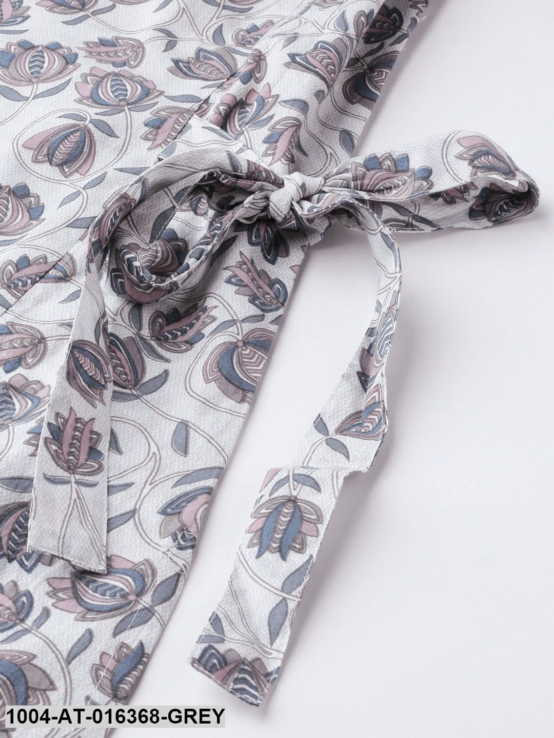 Grey Three-Quarter Sleeves A-Line Floral Printed Cotton Kurta