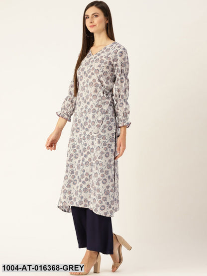 Grey Three-Quarter Sleeves A-Line Floral Printed Cotton Kurta