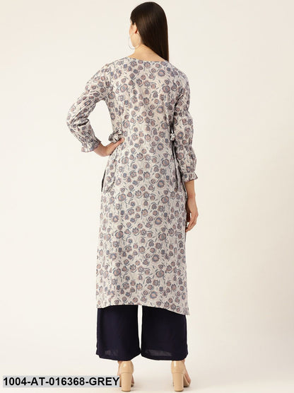 Grey Three-Quarter Sleeves A-Line Floral Printed Cotton Kurta