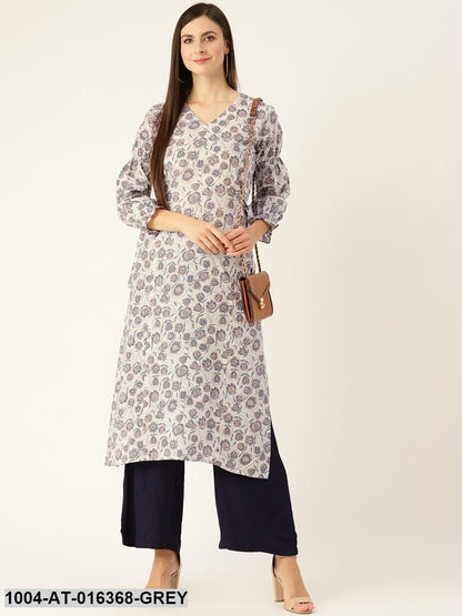 Grey Three-Quarter Sleeves A-Line Floral Printed Cotton Kurta