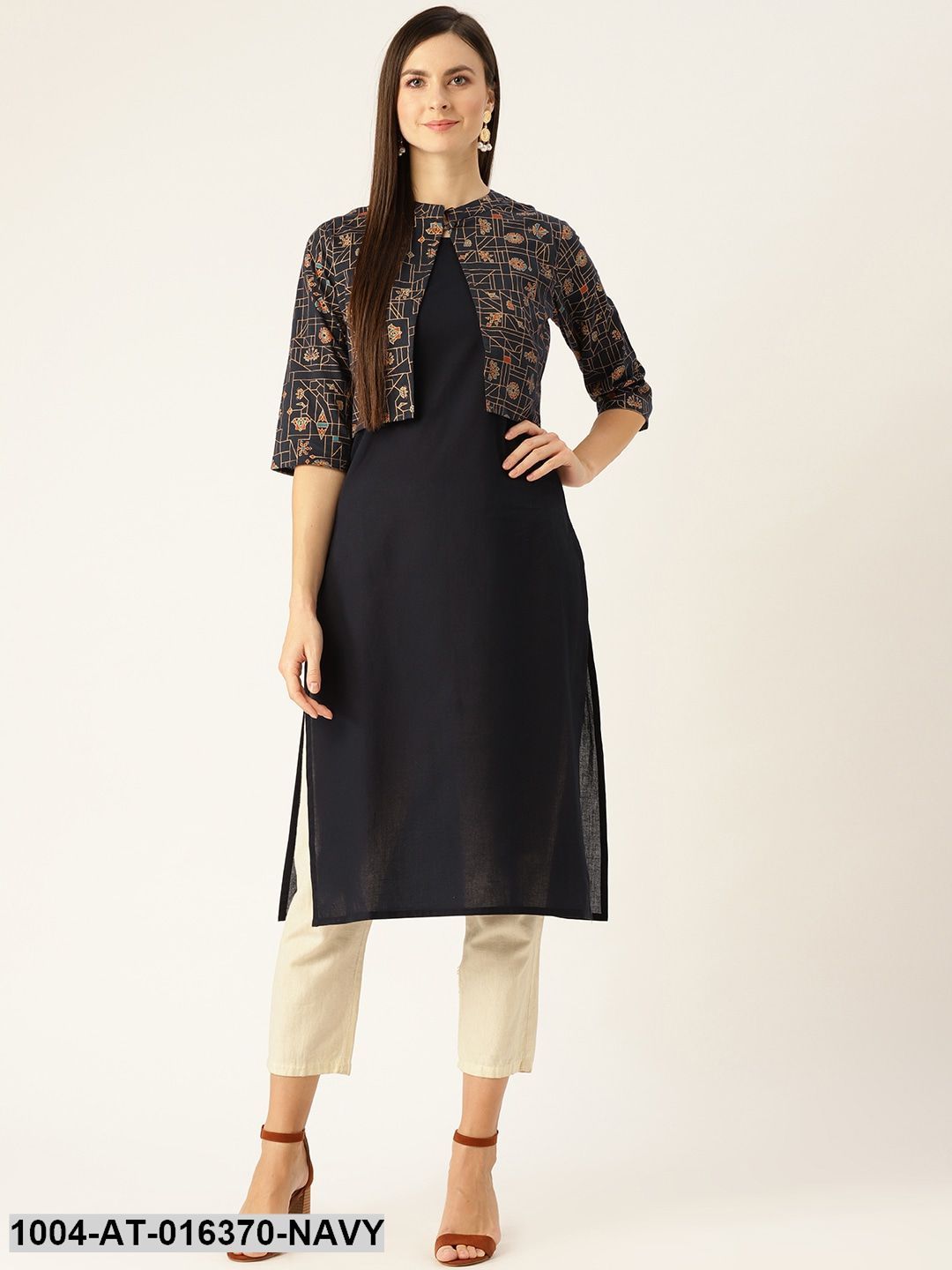 Navy Three-Quarter Sleeves Straight Solid Printed Cotton Kurta