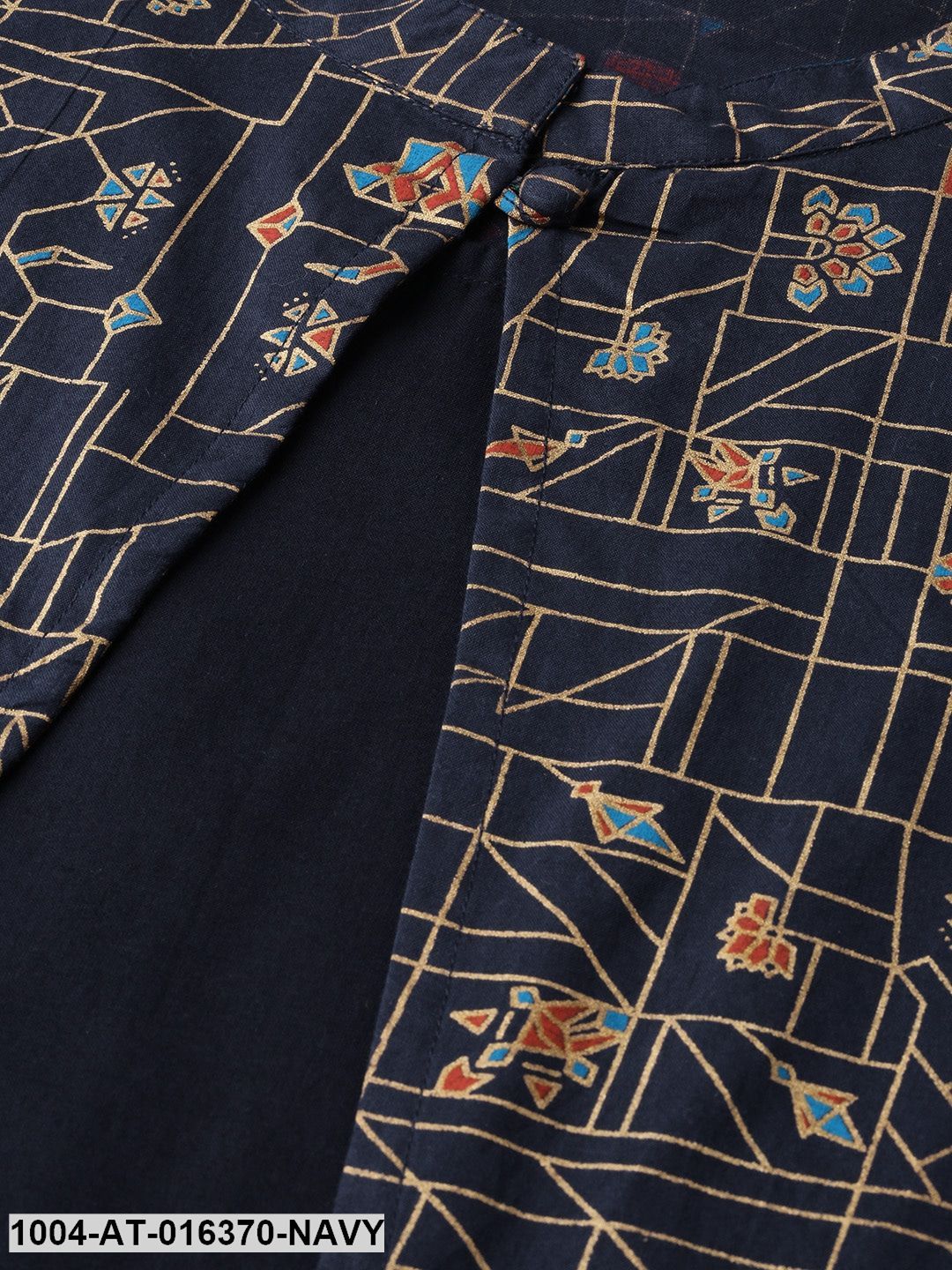 Navy Three-Quarter Sleeves Straight Solid Printed Cotton Kurta