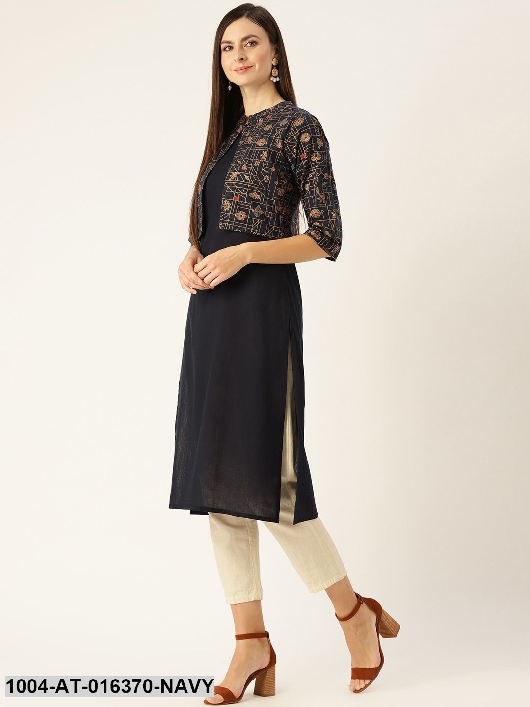 Navy Three-Quarter Sleeves Straight Solid Printed Cotton Kurta